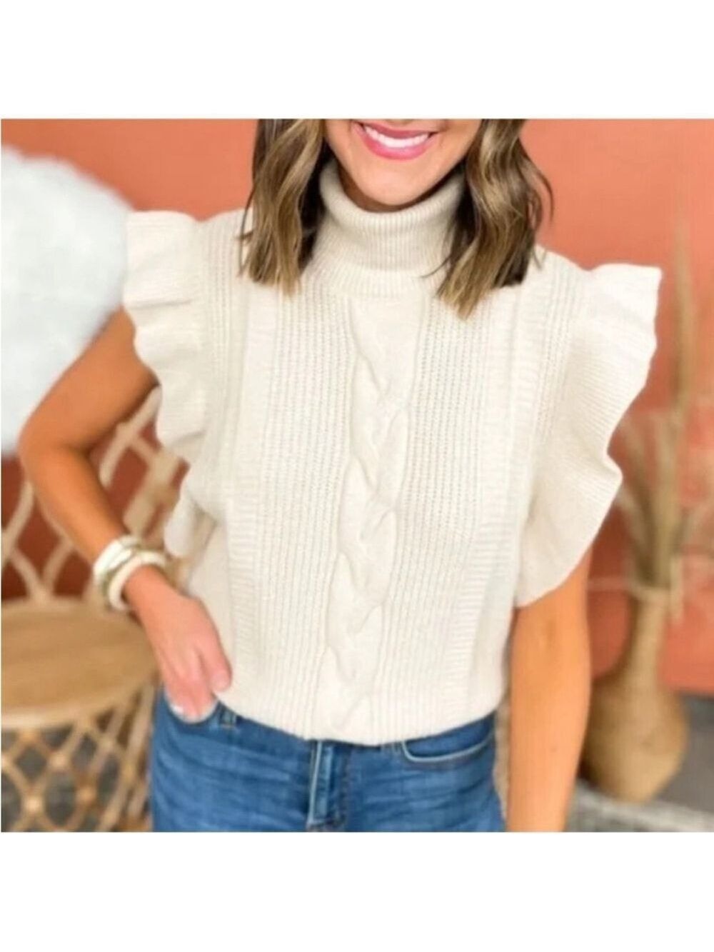 ANDTHEWHY sleeveless sweater vest soft & cozy turtleneck ruffle ivory size M/L